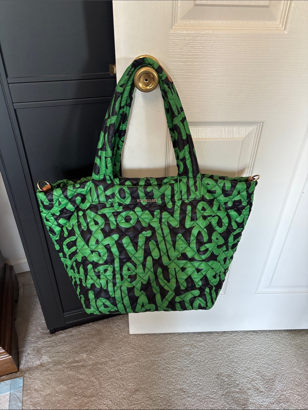 MZ Wallace Green and Black graffiti Quilted Graphic Logo Metro Tote